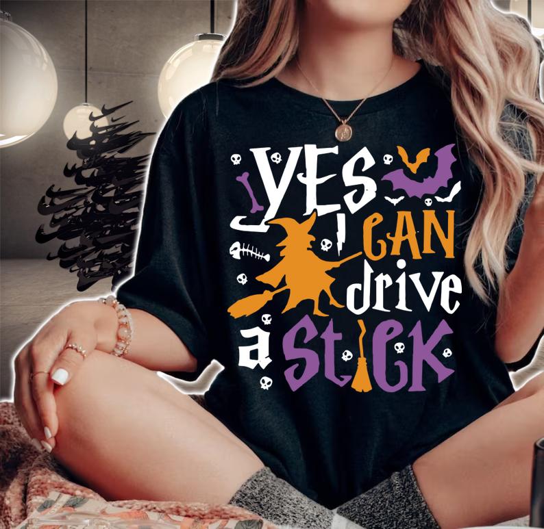 Halloween witch costume Yes I can drive a stick t-shirt woman shirt