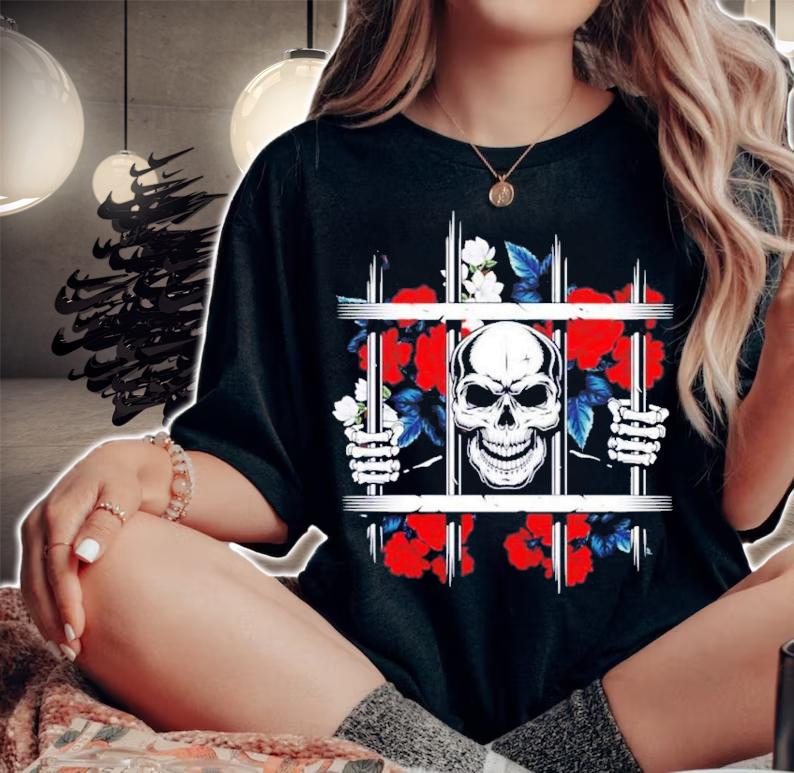 Prison Skeleton Flowers Skull T-Shirt t-shirt woman shirt