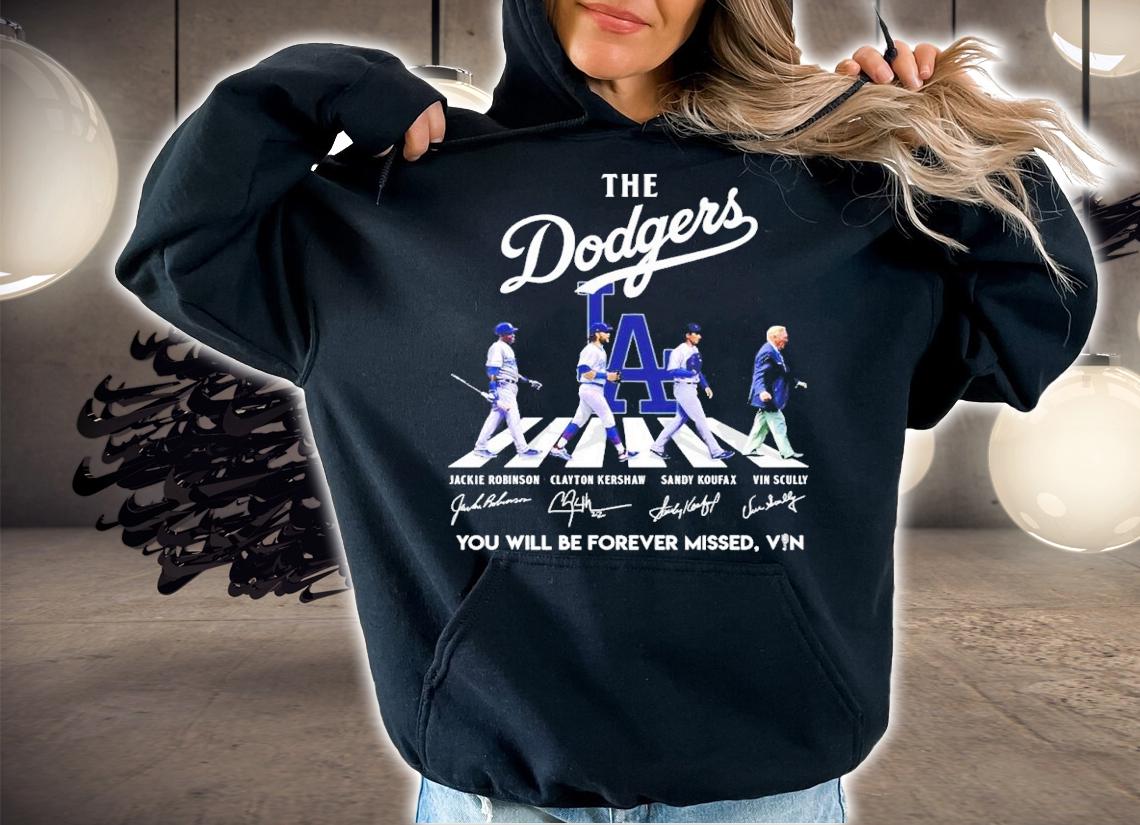 The Dodgers Abbey Road Jackie Robinson Clayton Kershaw Sandy Koufax Vin Scully signatures shirt t-shirt hoodie