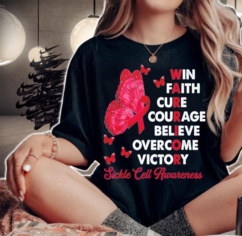 Warrior Win Faith Cure Ribbon Sickle Cell Awareness T-Shirt t-shirt woman shirt