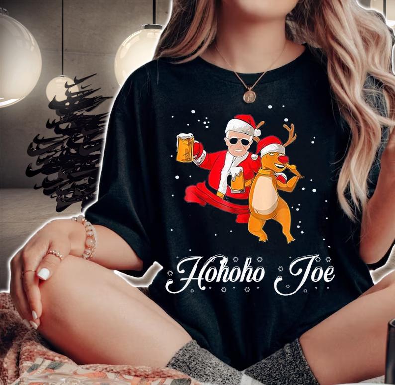 Merry Christmas With Biden Hohoho Joe Santa Claus Reindeer Beer T-Shirt t-shirt woman shirt