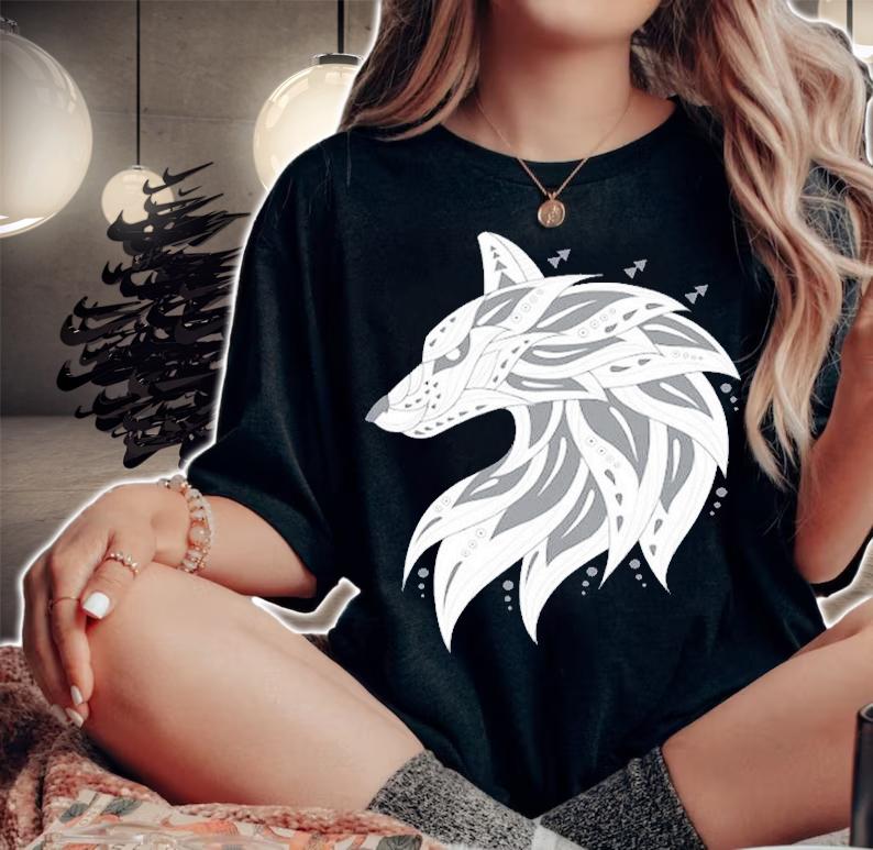 Ethnic Tribal Boho Wolf Head Silhouette T-Shirt woman shirt