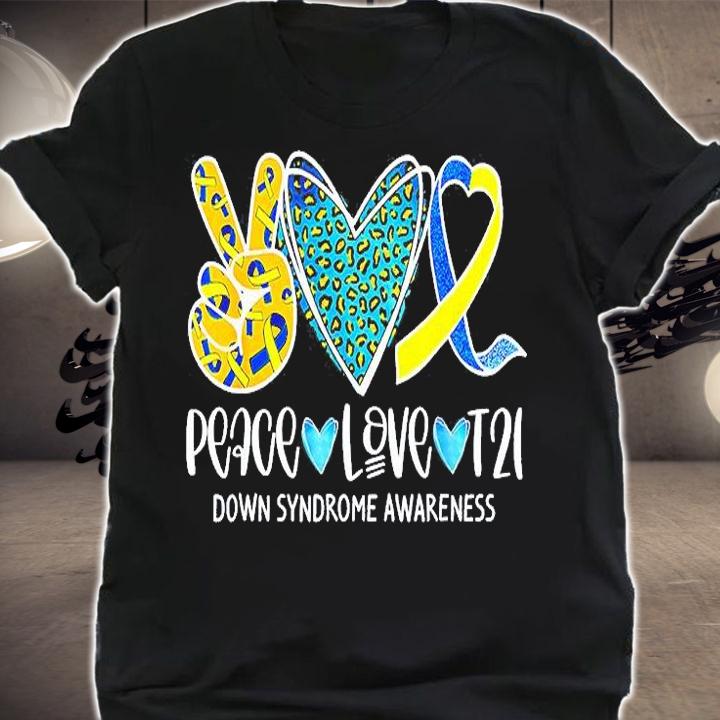 Peace Love Cure Blue & Yellow Ribbon Down Syndrome Awareness T-Shirt shirt