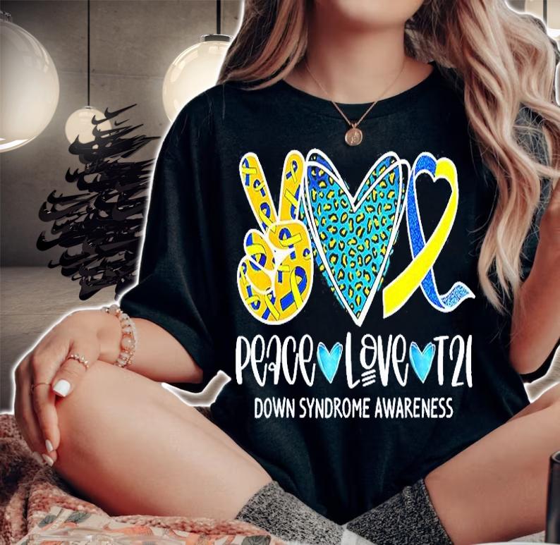 Peace Love Cure Blue & Yellow Ribbon Down Syndrome Awareness T-Shirt woman shirt