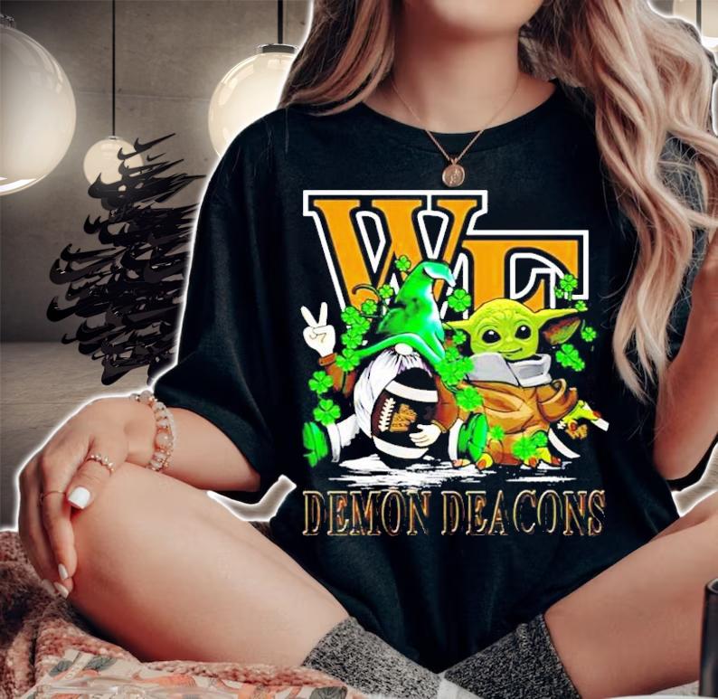 St.Patrick's day Gnome and Baby Yoda Wake Forest Demon Deacons shirt woman shirt