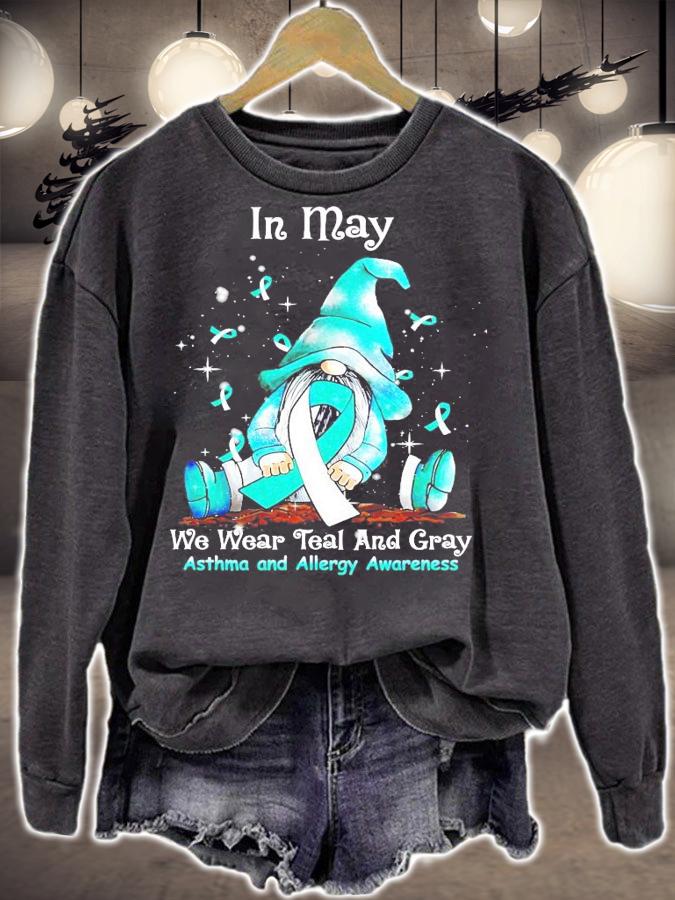 Gnomes in May we wear teal and gray asthma and allergy awareness shirt sweatshirt