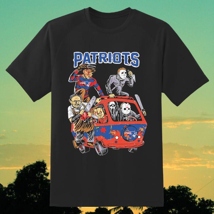 Official New England Patriots Horror Movie Characters Driving Bus Halloween T-Shirt